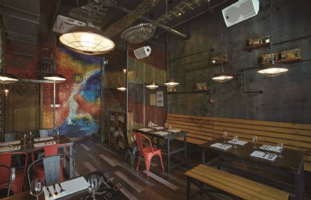 现代做旧感餐厅灰色背景墙工装装修效果图