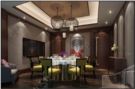 现代时尚餐厅黄色椅子室内装修效果图