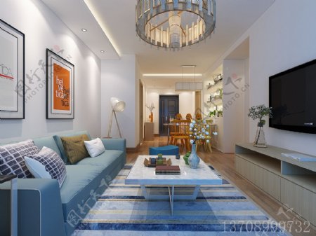 蓝白现代简约风室内客厅效果设计