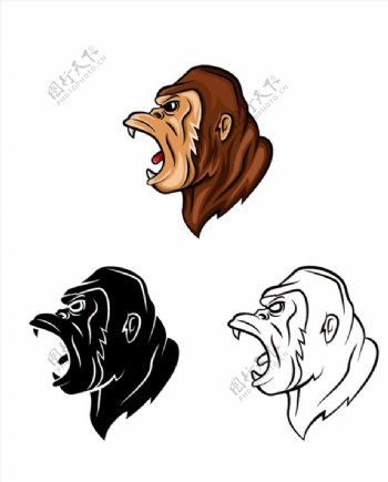 三款不同颜色怒吼的大猩猩头像绘