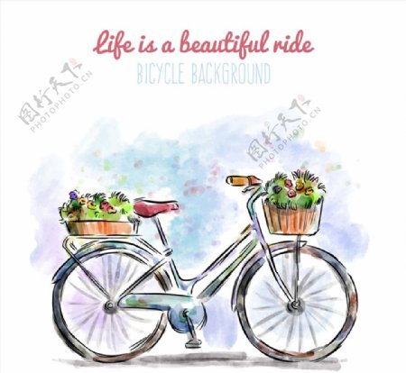 水彩绘装满鲜花的单车矢量图