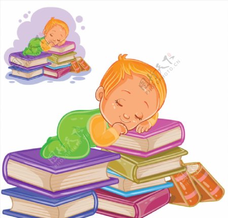 趴在书堆上睡觉的小宝