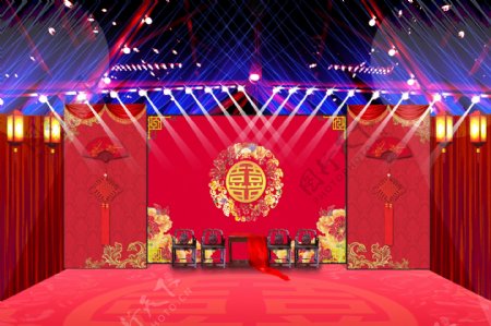 红色中国风婚礼舞台效果图