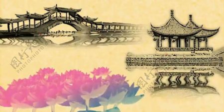 中国风淡黄水墨建筑视频素材