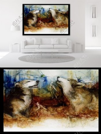 狼动物油画装饰画