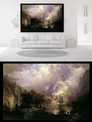 被云朵笼罩的山水间油画装饰画