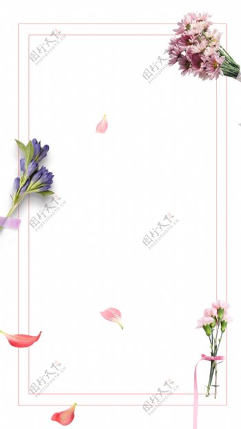 简约粉色边框粉色花朵H5背景素材