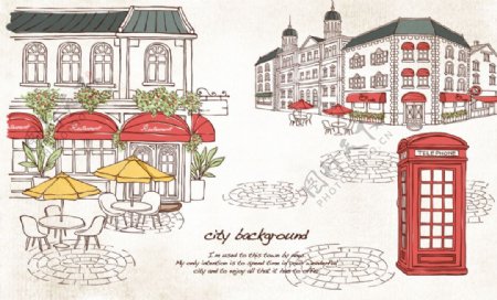 手绘欧洲城市街道插画