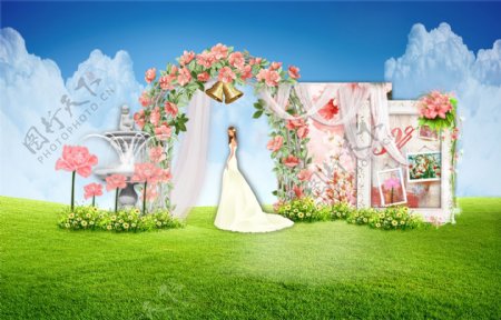 户外粉色花门相框花艺展示迎宾婚礼效果图