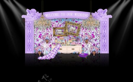 淡紫色花墙水晶灯吊顶婚礼甜品茶歇区效果图