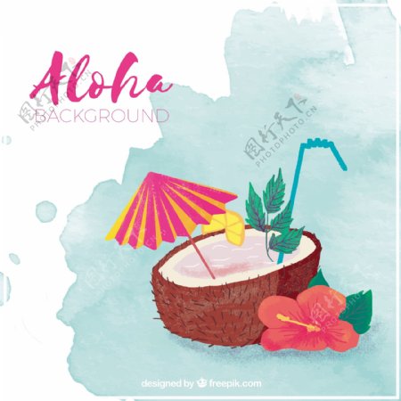 水彩画的ALOHA背景椰花饮料