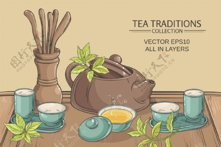 传统中国茶道插画