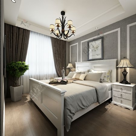 美式清新卧室白灰色背景墙室内装修效果图