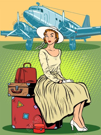 机场等飞机的美女插画