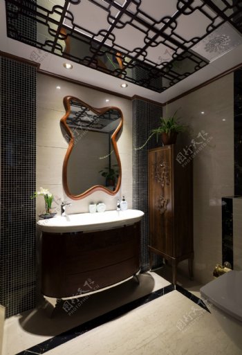 中式时尚室内洗手台背景墙效果图