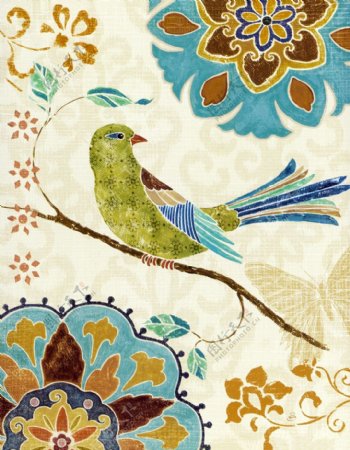 手绘彩绘鸟类花朵树枝民族装饰画