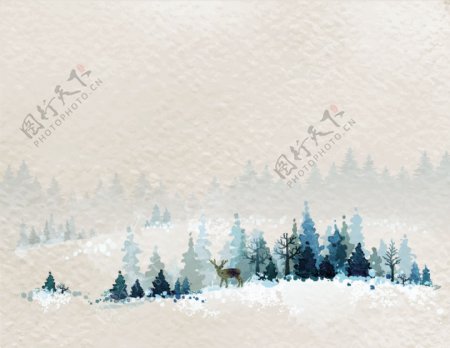 冬季的雪地和森林水彩风景