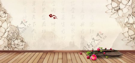中国风花朵木板淘宝全屏banner背景