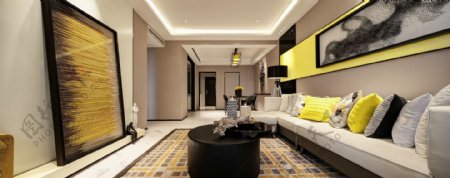 现代时尚客厅黄色挂画室内装修效果图