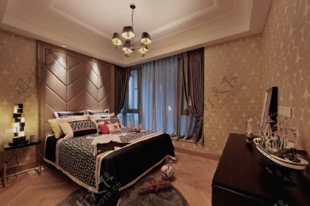现代时尚卧室巧克力色背景墙室内装修效果图
