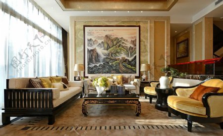 现代时尚文雅风格客厅暖黄色椅子室内装修图