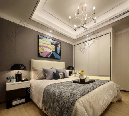 现代时尚极简卧室亮灰色异形台灯室内装修图