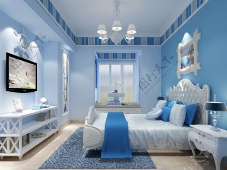 纯美地中海卧室蓝色墙面装修效果图