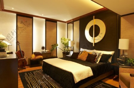 中式时尚卧室大床效果图