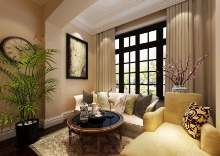 美式清新客厅浅黄色沙发室内装修效果图