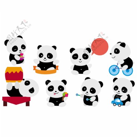 矢量卡通素材熊猫元素装饰图案集合