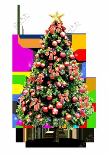 挂满吊球蝴蝶结装饰的圣诞树元素
