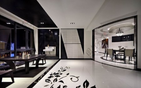 现代冷感客厅黑色花纹瓷砖地板室内装修图