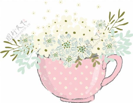粉色杯子与花卉卡通水彩透明素材