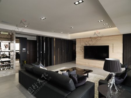 现代冷淡风客厅黑色沙发室内装修JPEG图