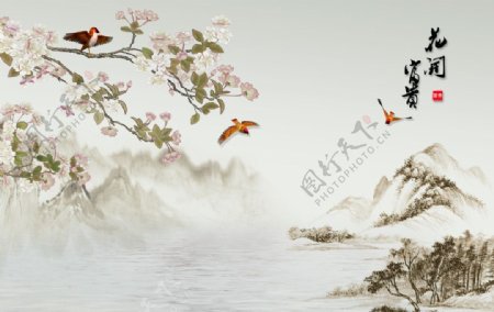 中式花开富贵山水花鸟图背景