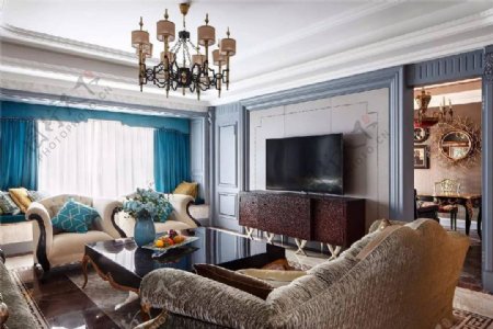 现代轻奢客厅蓝色窗帘室内装修效果图