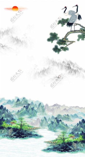松树仙鹤中国风背景