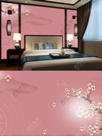 中式粉色樱花客厅电视背景墙装饰画