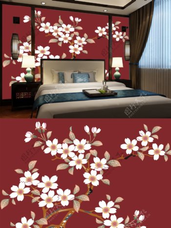中式紫红色背景梅花卧室背景墙