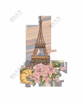 手绘巴黎铁下下的花朵png透明素材