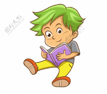 卡通小男孩看书png元素