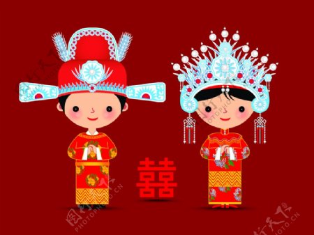 卡通可爱中国传统新娘和新郎插画