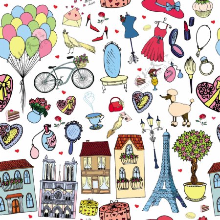 巴黎旅游地点各式物品装饰矢量素材