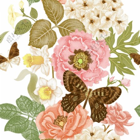 复古玫瑰花和蝴蝶插画
