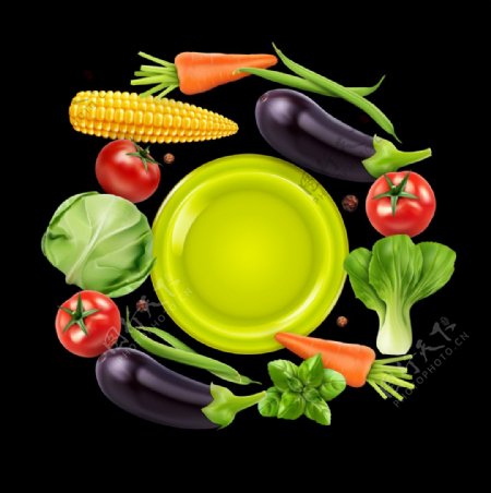 写实蔬菜和盘子插画