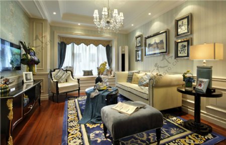 欧式客厅蓝色花纹地毯装修效果图