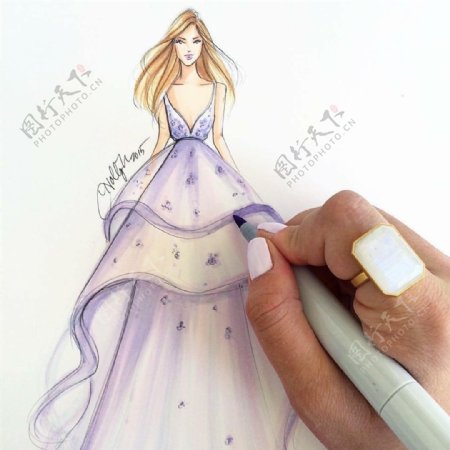 紫色深V礼服设计图