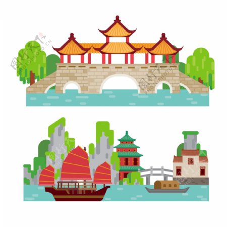 传统中式园林建筑插画