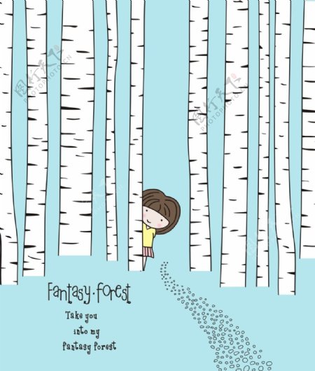 森林小女孩卡通插画