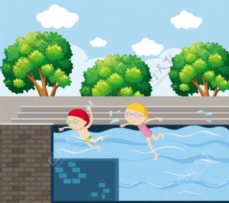 两个小孩在游泳池游泳